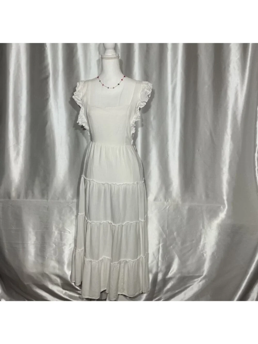 White Ruffle Sleeve Tiered Maxi Dress With Square Neckline size L - Picture 4 of 11